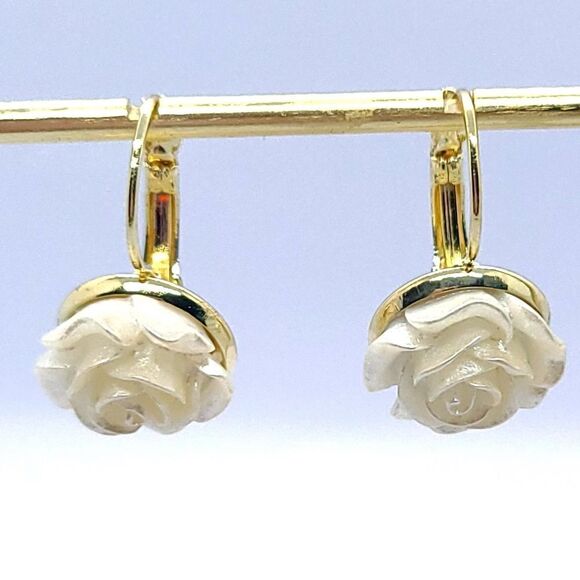 Camellia Flower Lever Back Drop Earrings Boho Wedding Bridal Bride Ivory Jewelry - Picture 7 of 9